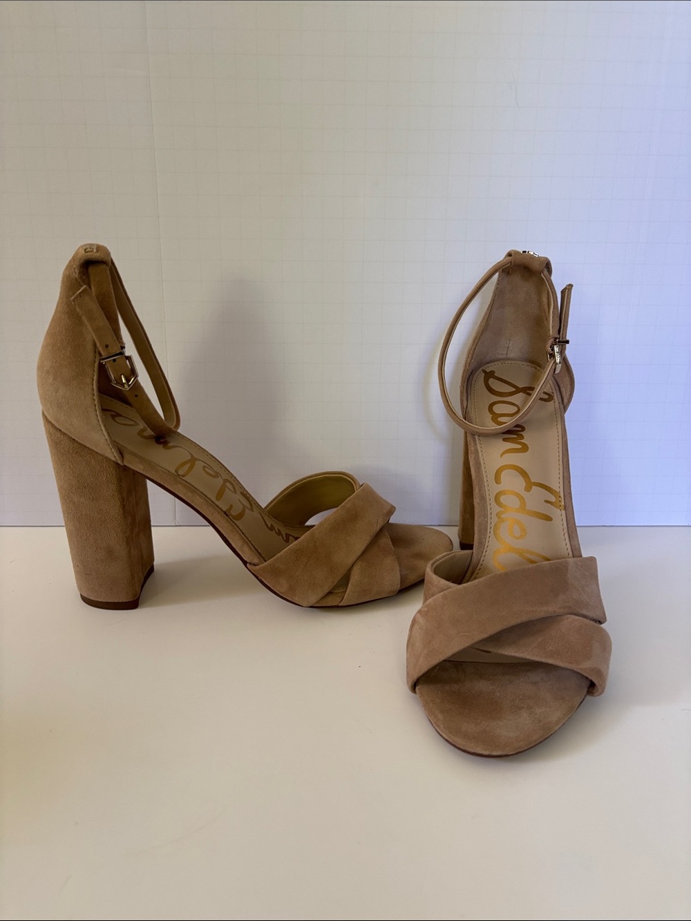 Sam Edelman Beige Suede Block Heel Ankle-Strap Sandals